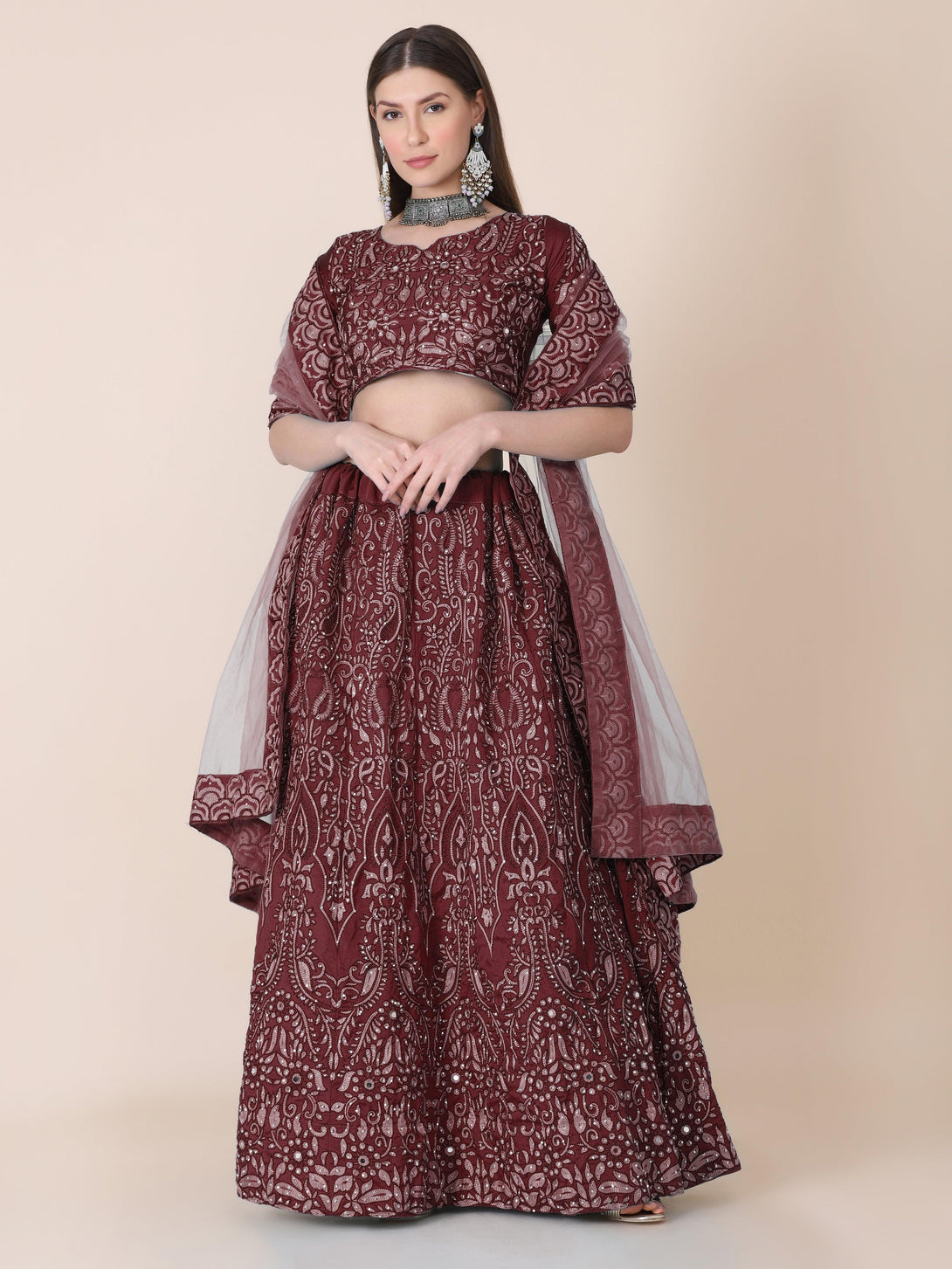 Maroon Taffeta Silk Lehenga Choli with Floral Embroidery - Indiakreations