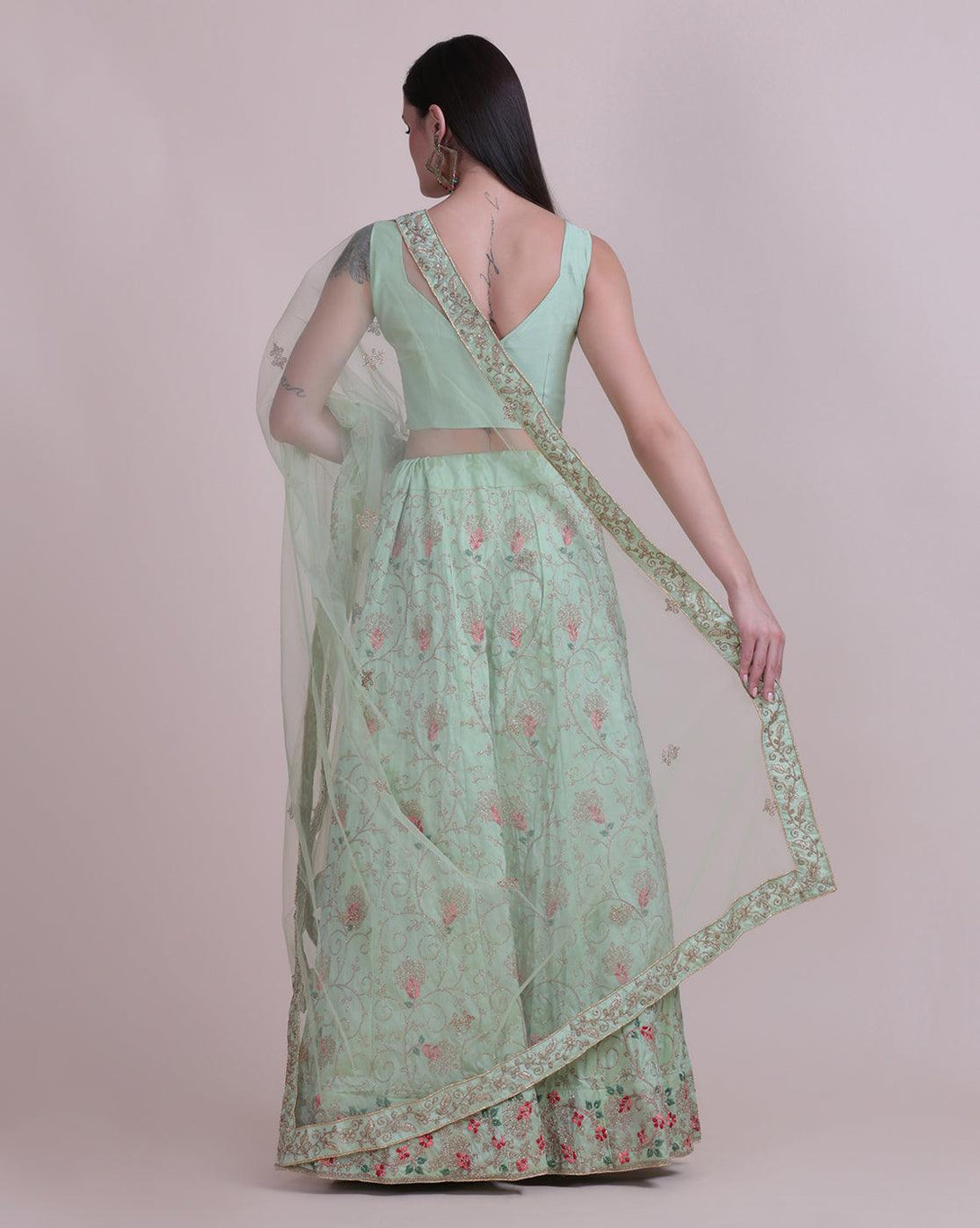 Light Green Taffeta Silk Lehenga Choli with Floral Embroidery - Indiakreations