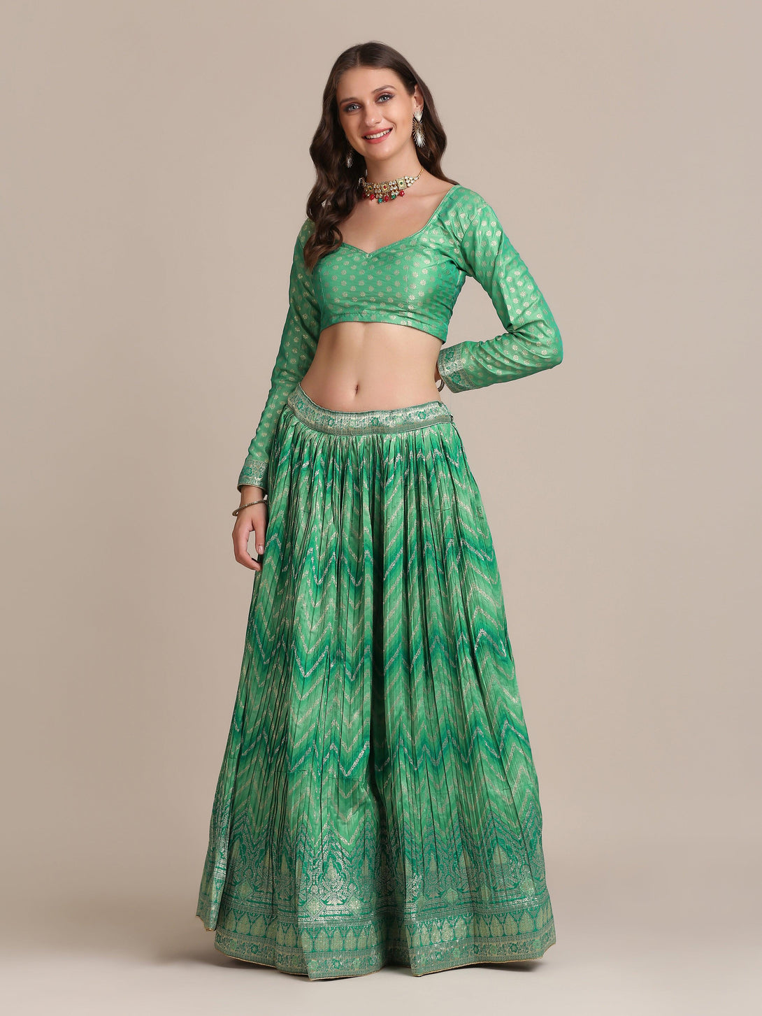 Green Gold Woven and Pleated Lehenga Choli - Indiakreations