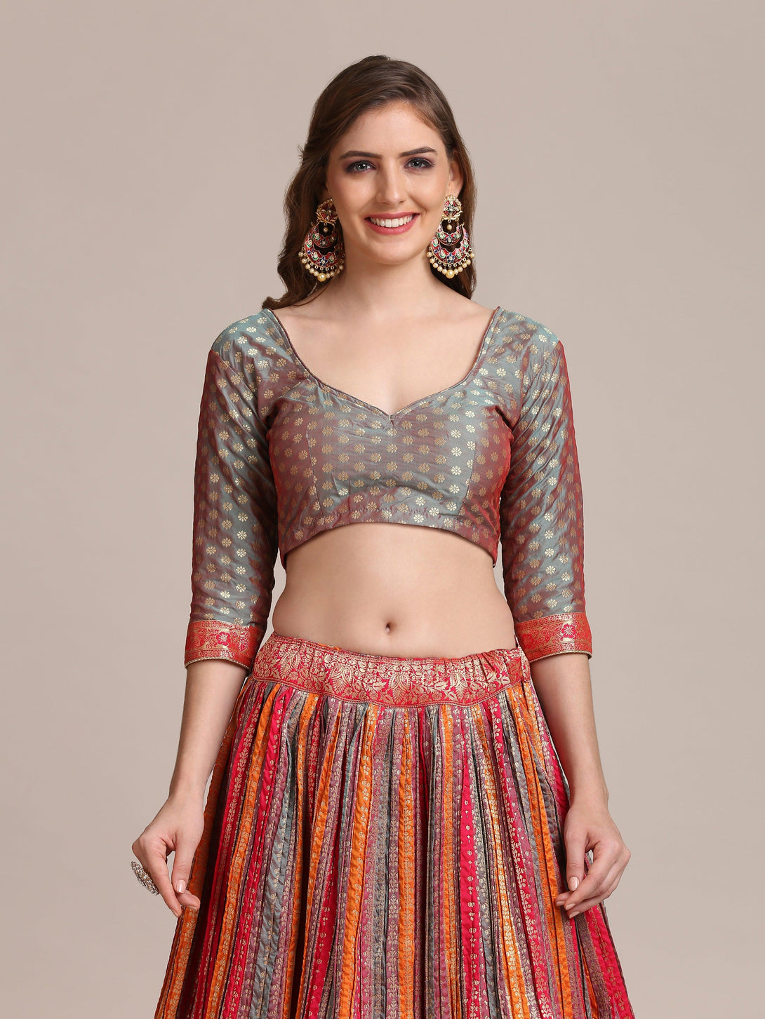 Multi Colour Gold Woven and Pleated Lehenga Choli - Indiakreations