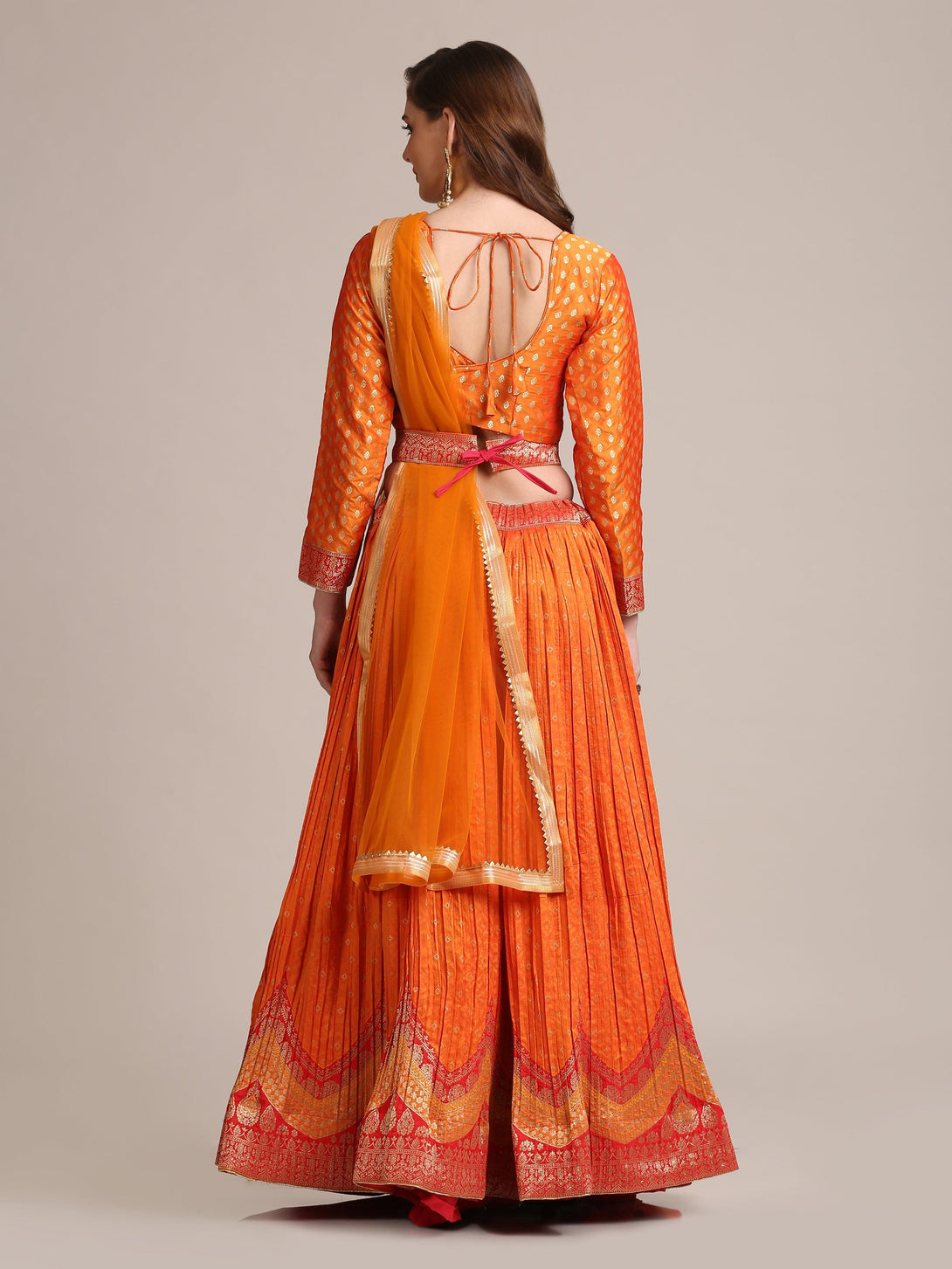 Orange Gold Woven Pleated Lehenga Choli in Ethnic Pattern - Indiakreations