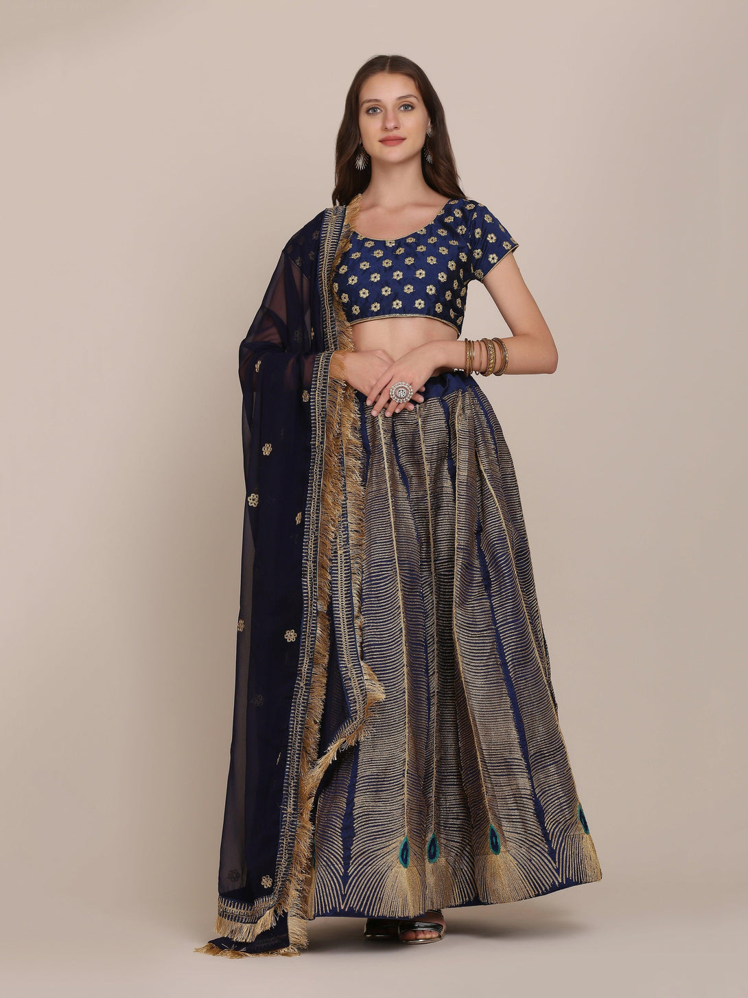 Navy Blue Morpankh Print Banglory Silk Lehenga Choli - Indiakreations