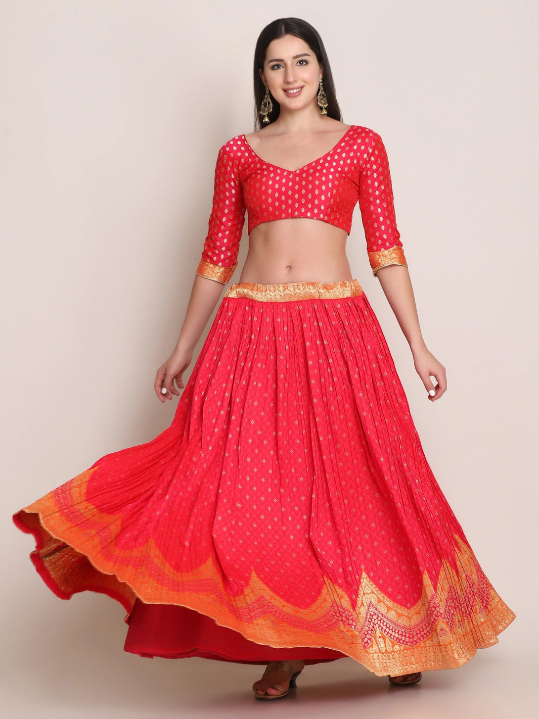 Pink Silk Blend Lehenga Choli with Gold Zari Work - Indiakreations