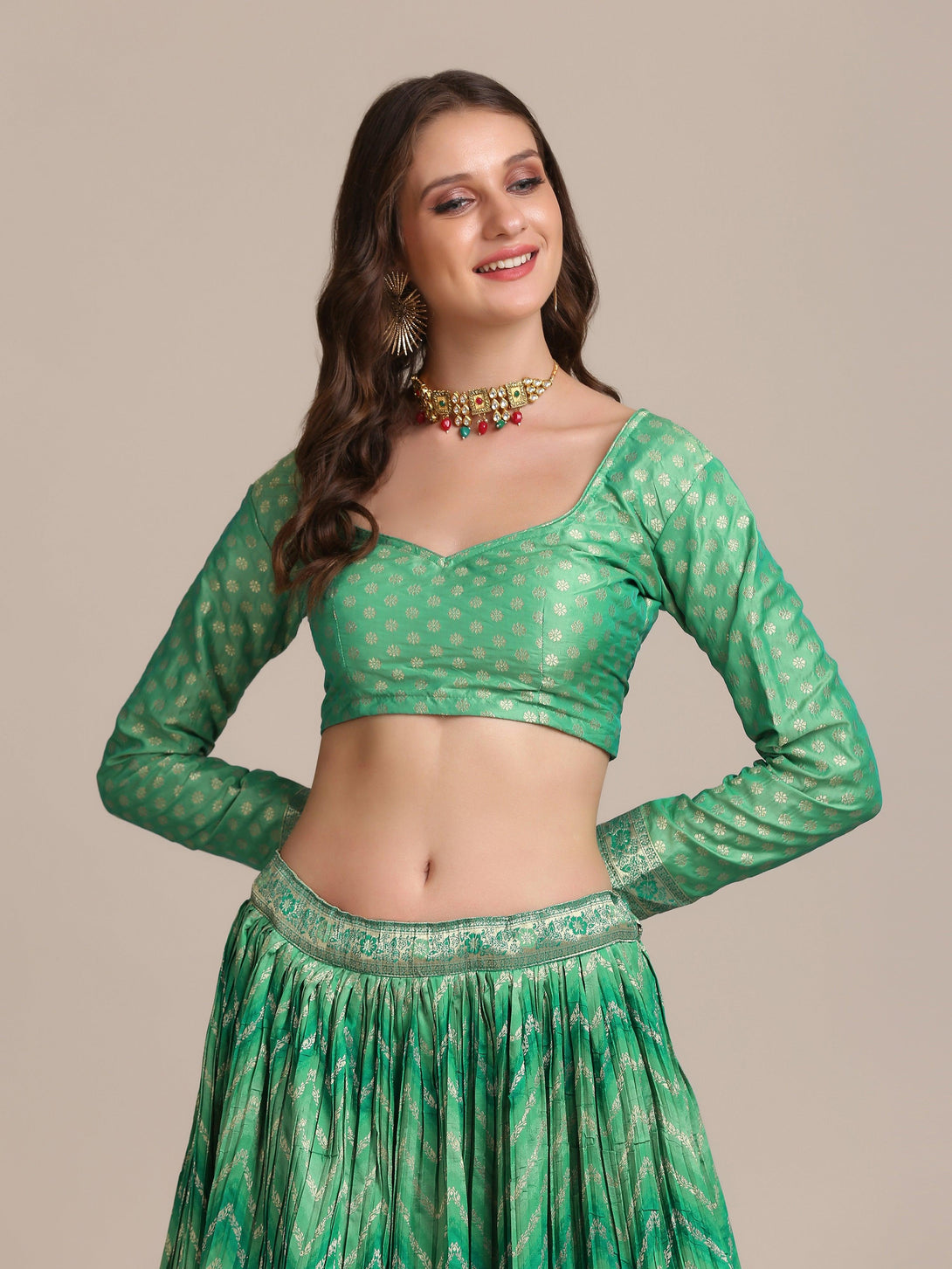 Green Gold Woven and Pleated Lehenga Choli - Indiakreations