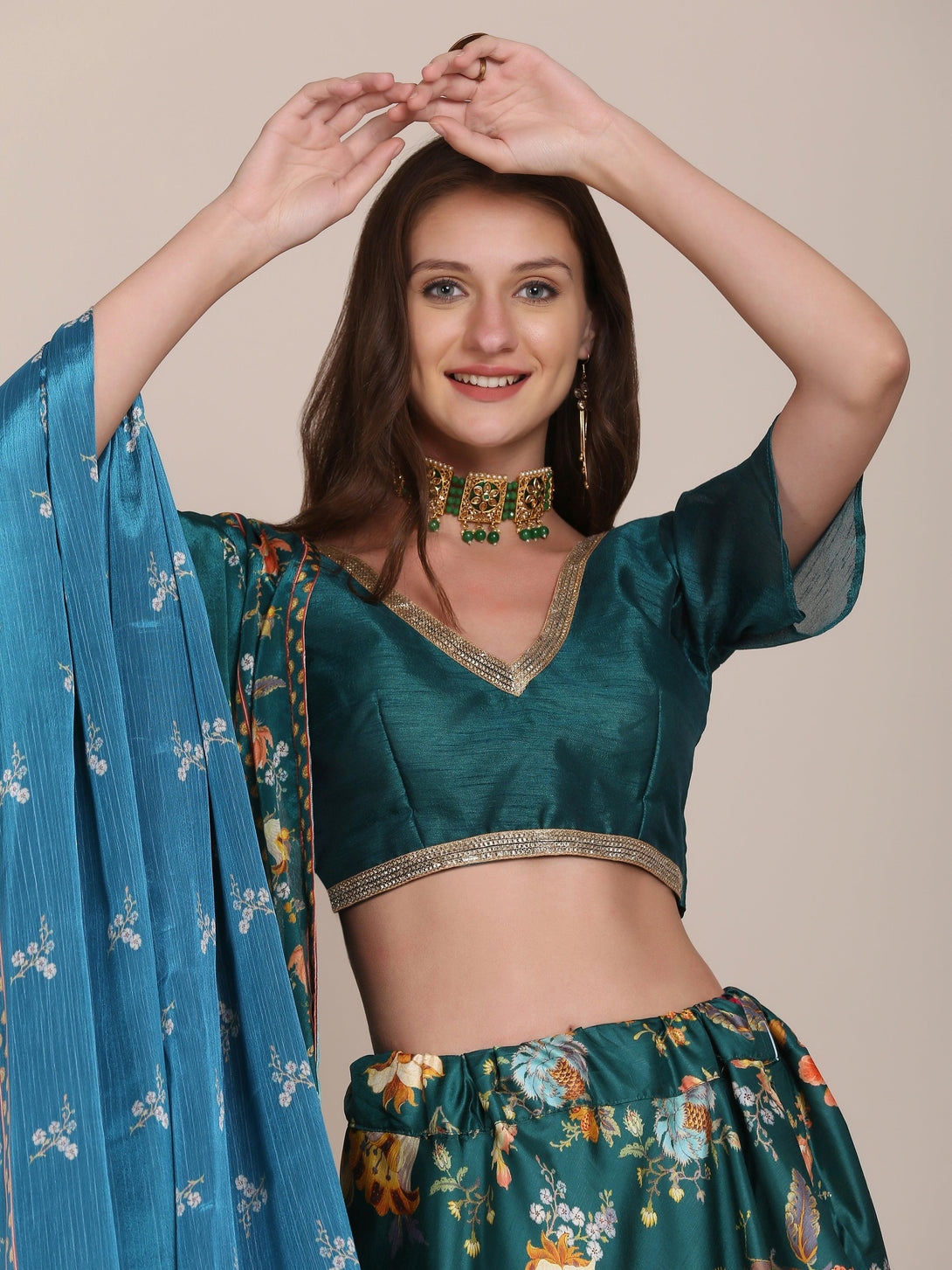 Sea Green Floral Print Banglory Silk Lehenga Choli - Indiakreations