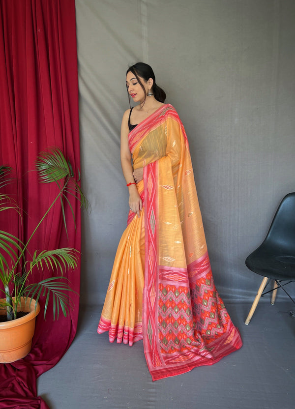 Women's Cotton Ikat Woven Saree Orange - Tasarika