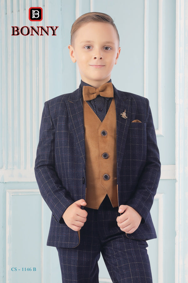 Blue Checks Party Wear Suit For Boys