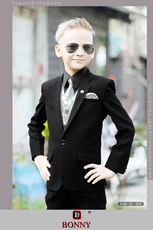 Deep Black Designer Part Wear Suit For Boys