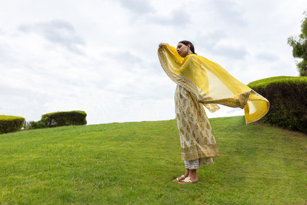 CHAAND YELLOW BLOCK PRINTED ANARKALI SUIT SET Of 3