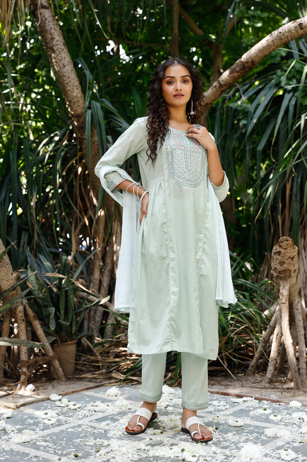 Women's Light Green Cotton Embroidered Straight Salwar Suit Set - Pheeta