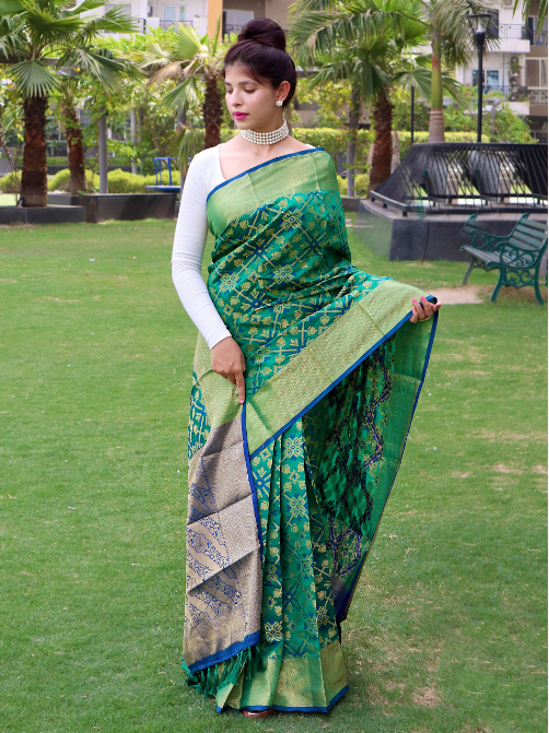 Women's Patola Silk Saree Green - Tasarika