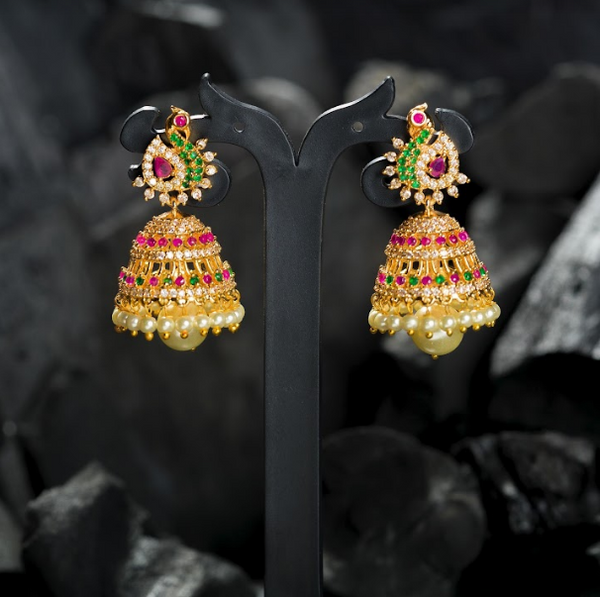 Women's Gold Plated Contemporary Peacock Cz Jumki Hanging Earrings - Alankara