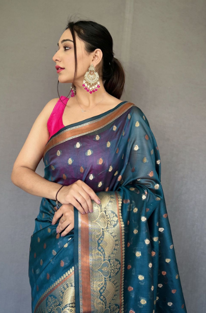 Women's Denim Blue Organza Contrast Zari Saree - Tasarika