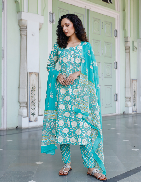 Women's Turquoise Floral Print Cotton Straight Salwar Suit Set - Pheeta