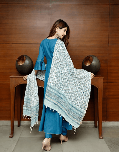 Women's Sapphire Blue Solid Suit Set with Block Print Dupatta - Indiakreations