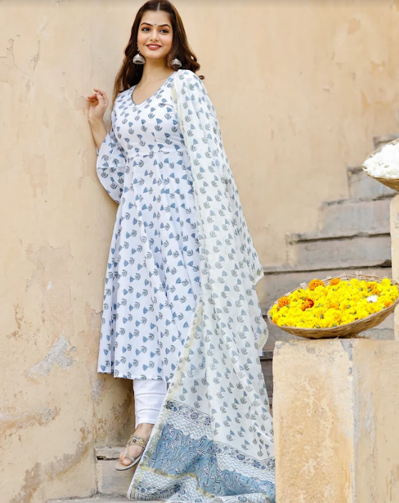 Women's Blue Motif Printed White Flared Kurta Set With Chanderi Block Printed Set - Pheeta