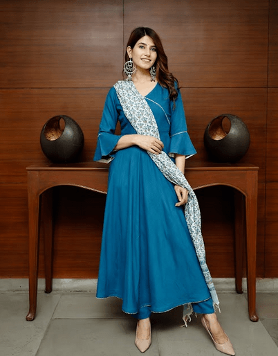 Women's Sapphire Blue Solid Suit Set with Block Print Dupatta - Indiakreations