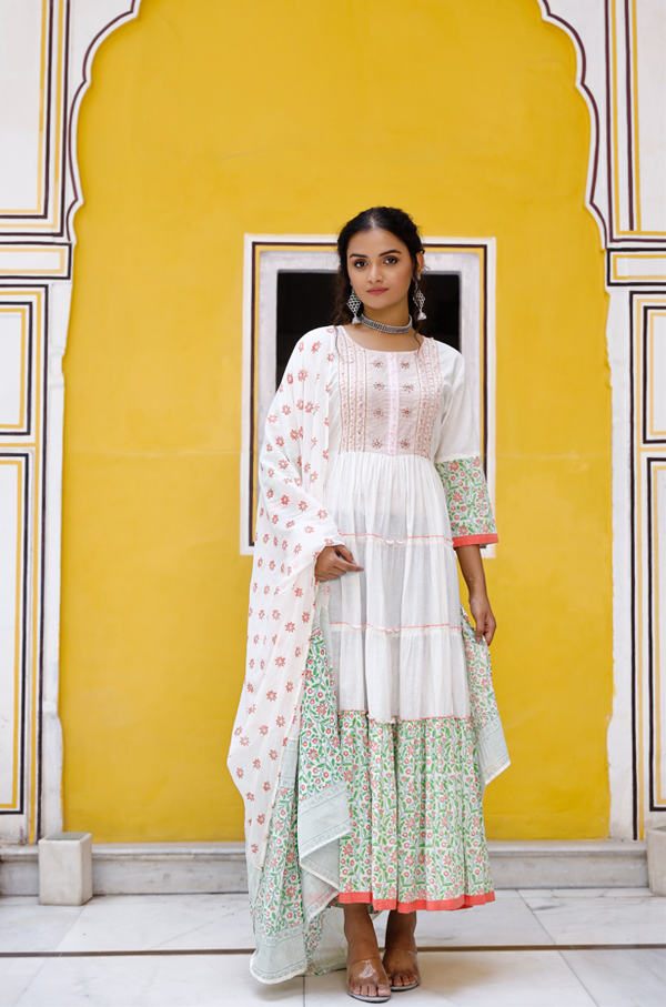 Women's White Color Handwork And Floral Print Anarkali Salwar Suit Set - Pheeta