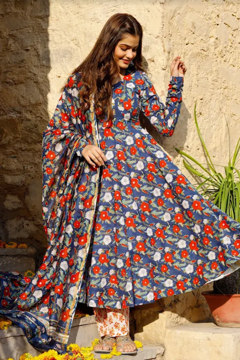 Women's Red Motif Printed Blue Flared Kurta Set With Block Printed Kurta Set  - Pheeta