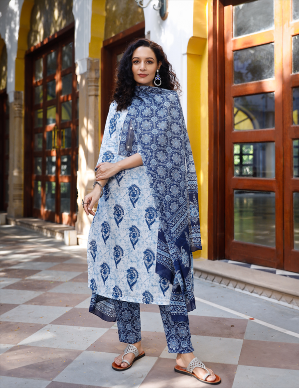 Women's Indigo Color Paisley Print Straight Salwar Suit Set - Pheeta