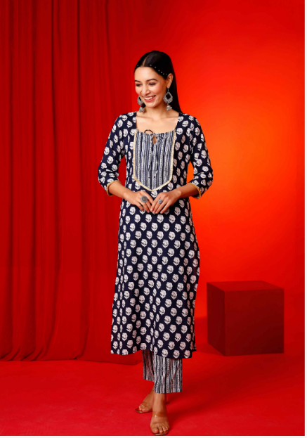 Women's Hand Printed Straight Kurta With Detailed Yoke And Pants  - Pheeta