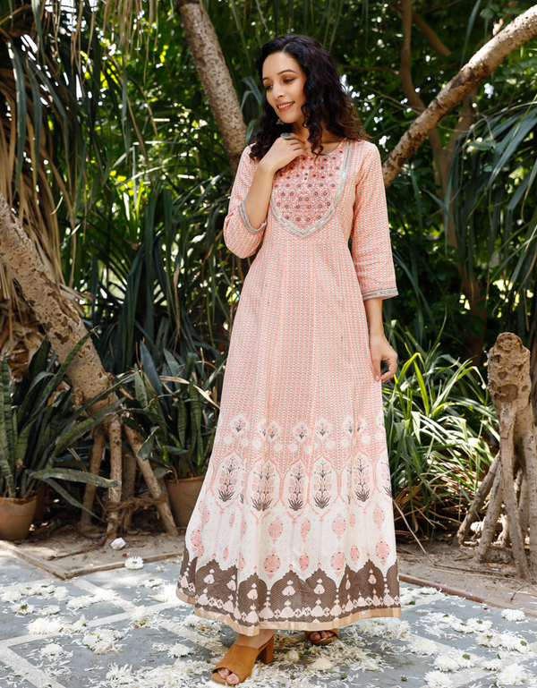 Women's Peach Color Floral Print Embroidered Anarkali Ethnic Dress - Pheeta