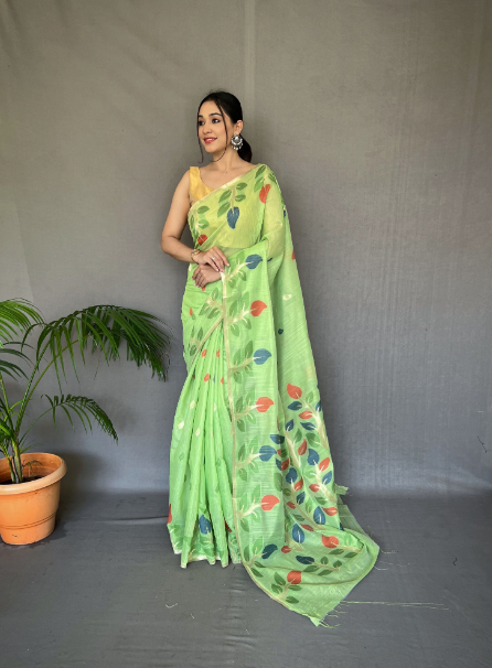 Women's Pista Green Cotton Jamdani Saree - Tasarika