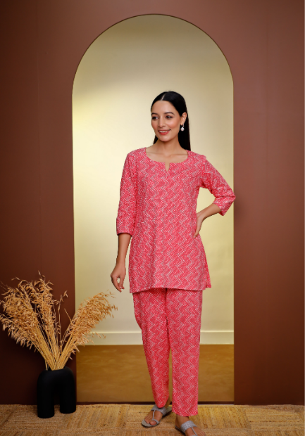 Women's Peachy Pink Hand Printed Loungewear Set - Pheeta