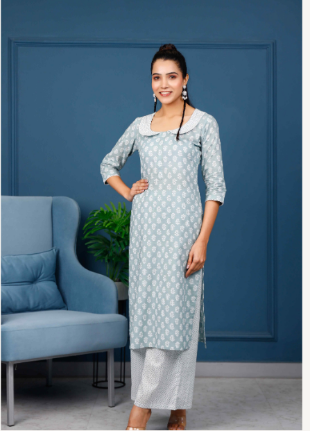 Women's Repeat Motifed Hand Printed Kurta With Pale Grey Hand Printed Pants  - Pheeta