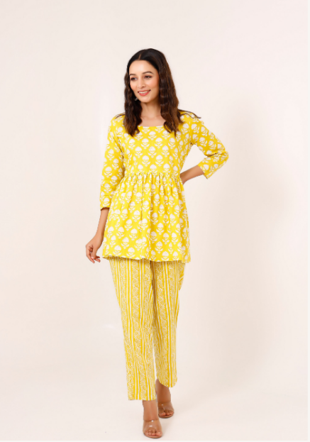 Women's Yellow Hand Printed Peplum Set - Pheeta