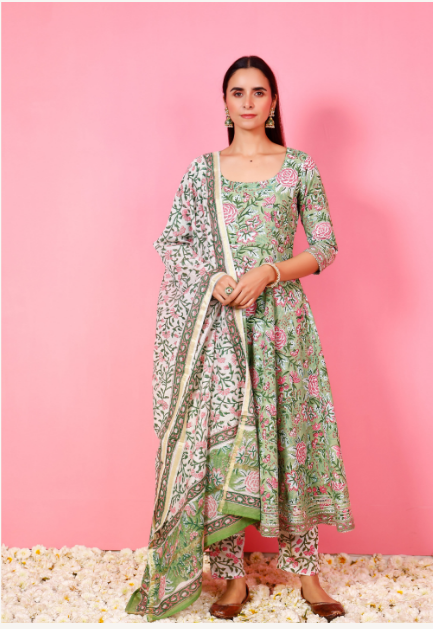 Women's Pista Green Floral Print Anarkali With Straight Pants And Dupatta - Pheeta