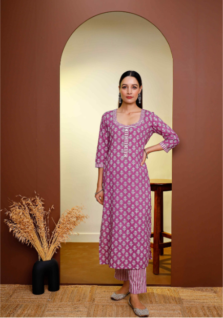 Women's Hand Printed Straight Kurta With Detailed Neckline ,Placket,Sleeve And Striped Pants  - Pheeta