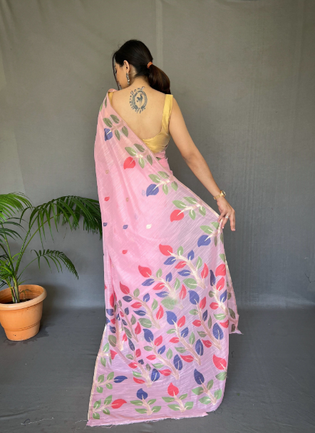 Women's Baby Pink Cotton Jamdani Saree - Tasarika