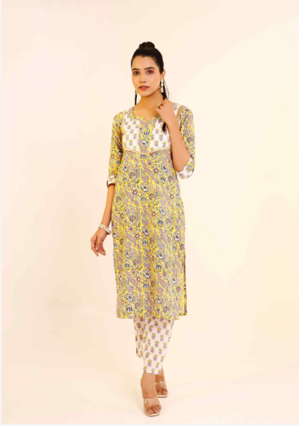 Women's Pure Cotton Hand Printed Straight Kurta With Pant - Pheeta