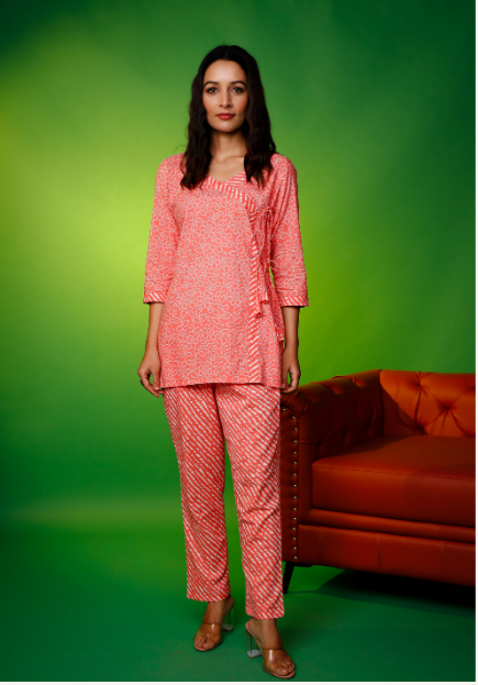 Women's Orange Hand Printed Angarakha Kurta With Pant  Loungewear Set - Pheeta