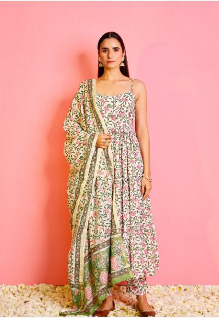 Women's Off-White Floral Print 3-Tier Anarkali With Straight Pants And Dupatta - Pheeta