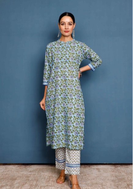 Women's Women Sky Blue Floral Hand Printed Kurta With White Pants - Pheeta