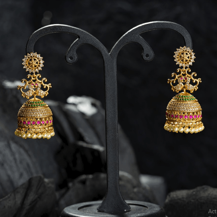 Women's Gold Plated Contemporary Stone Jumki Earrings - Alankara - Indiakreations