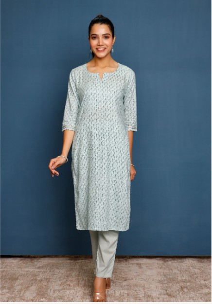 Women's Mint Green Ethnic Motifs Hand Printed Kurta With Solid Trousers - Pheeta