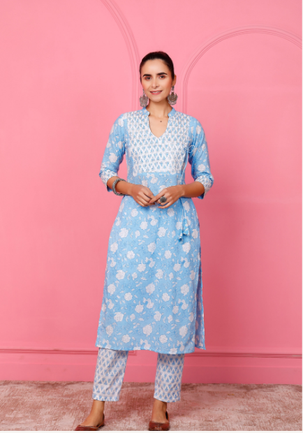 Women's Light Blue  Hand Printed Agarakha Look Kurta Set - Pheeta