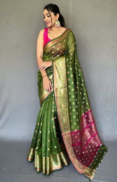 Women's Military Green Organza Contrast Zari Saree - Tasarika