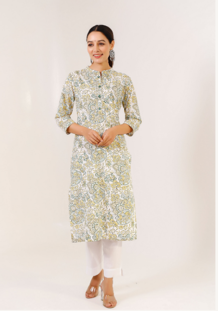 Women's Off White Floral Straight Kurta With White Cotton Pant - Pheeta