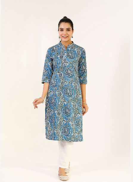 Women's Blue Hand Printed Kurta  & Solid White Pants - Pheeta