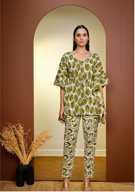 Women's Olive Green  Hand Printed Short Kaftan Set - Pheeta