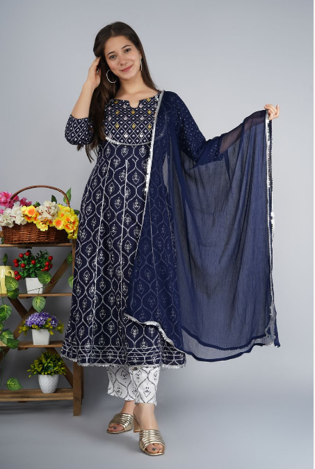 Women's Anarkali Rayon Printed Embroidered Kurta With Pant And Dupatta - Singni