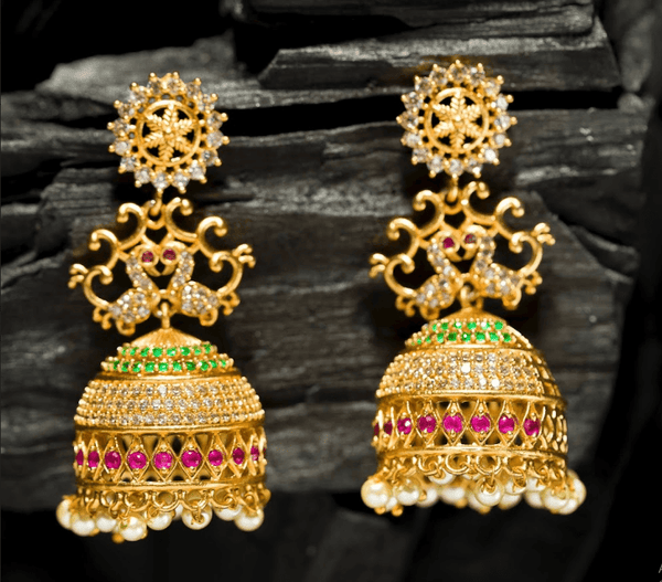 Women's Gold Plated Contemporary Stone Jumki Earrings - Alankara - Indiakreations