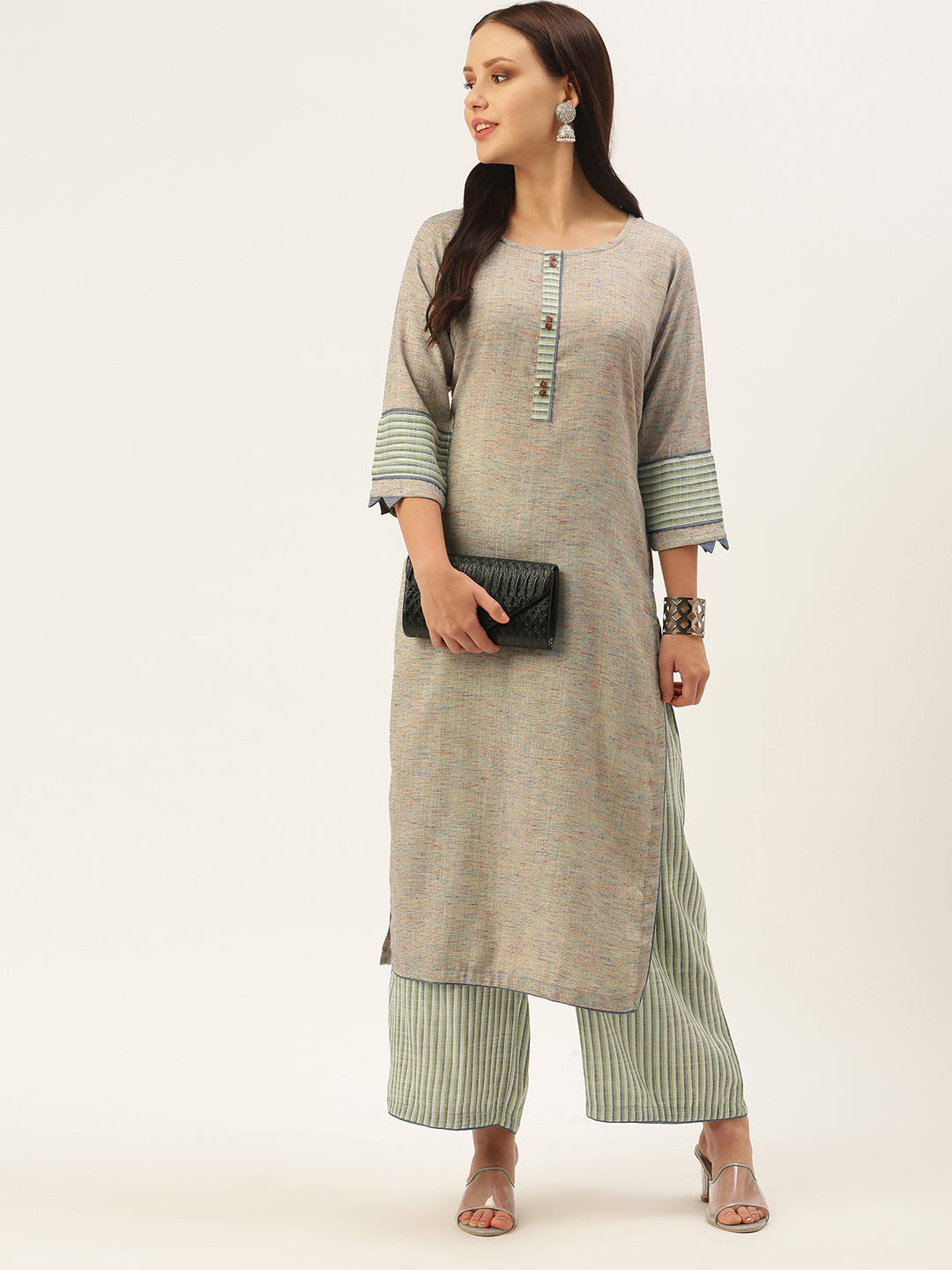 Women's Light Green Color Viscose Blend Straight Self Design Solid Kurta Palazzo Set - VAABA