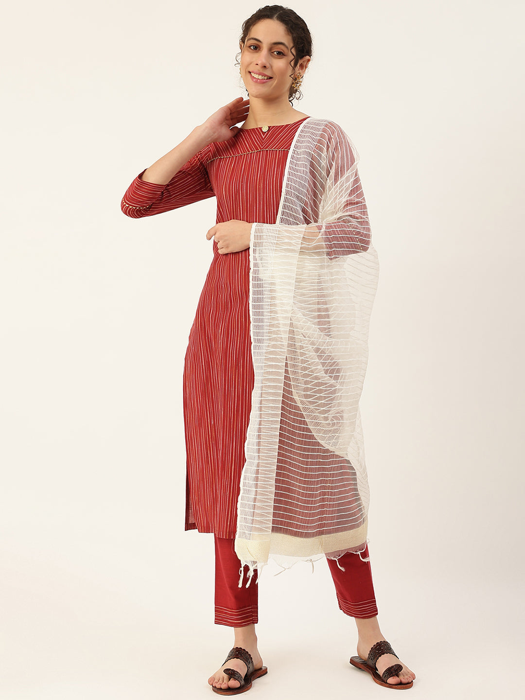 Women's Maroon Color Cotton Blend Yoke Design Straight Kurta Trouser With Dupatta - Vaaba