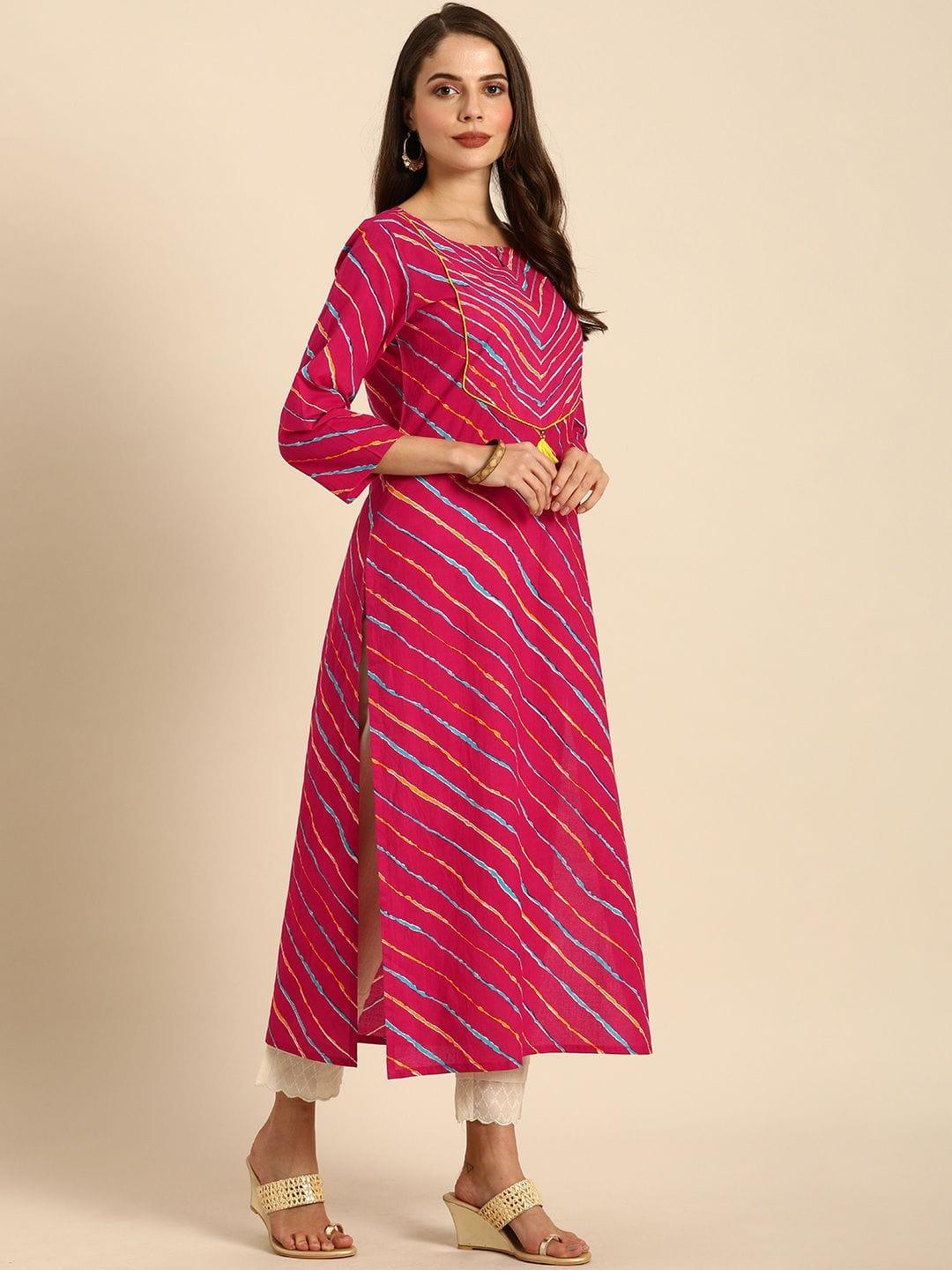 Fuchsia Pink & Yellow Leheriya Printed Kurta - Indiakreations