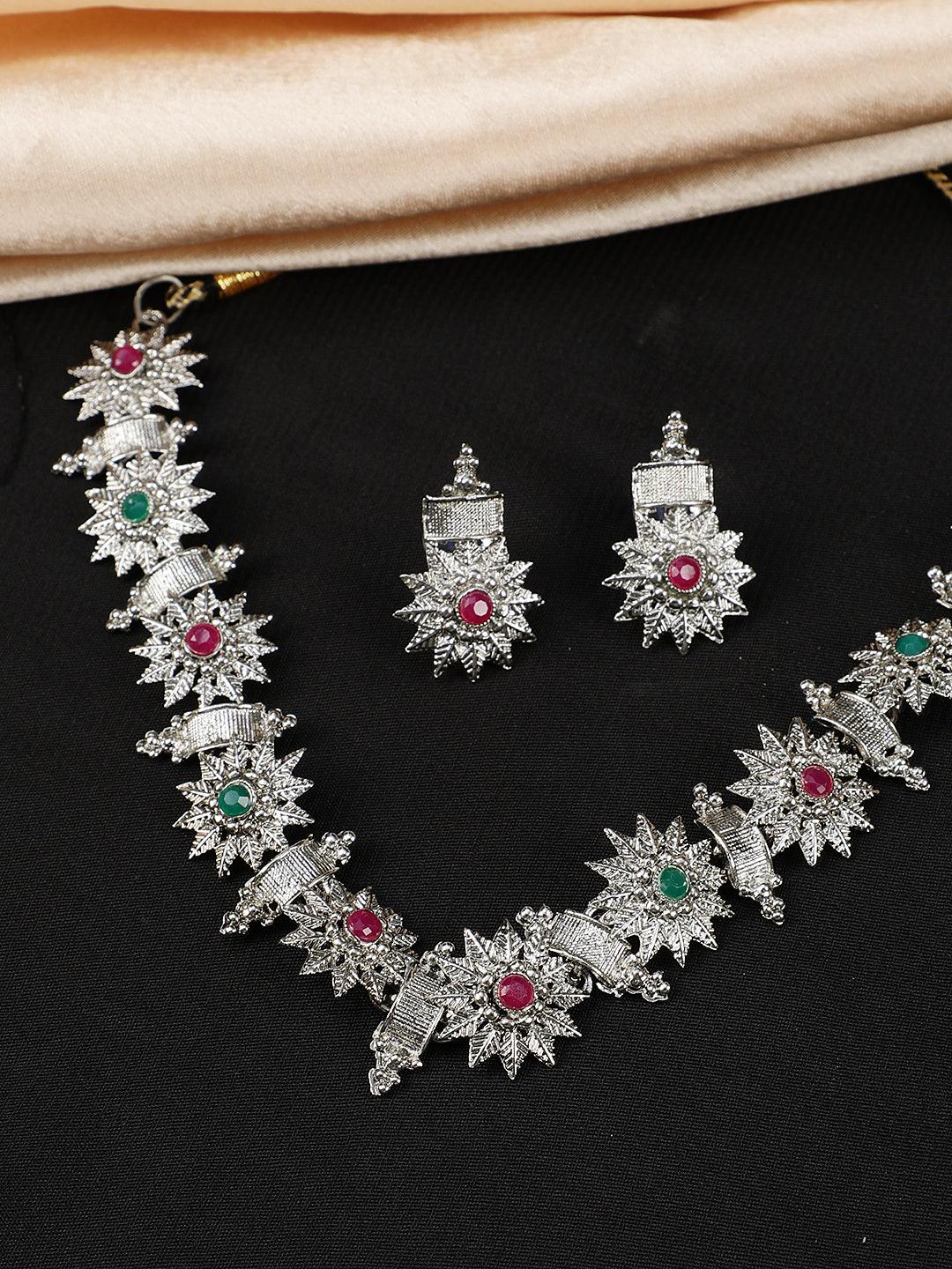 Women's Silver-Plated Green & Red Stone-Studded Ruby Emerald Handcrafted Jewellery Set - Jazz and Sizzle - Indiakreations